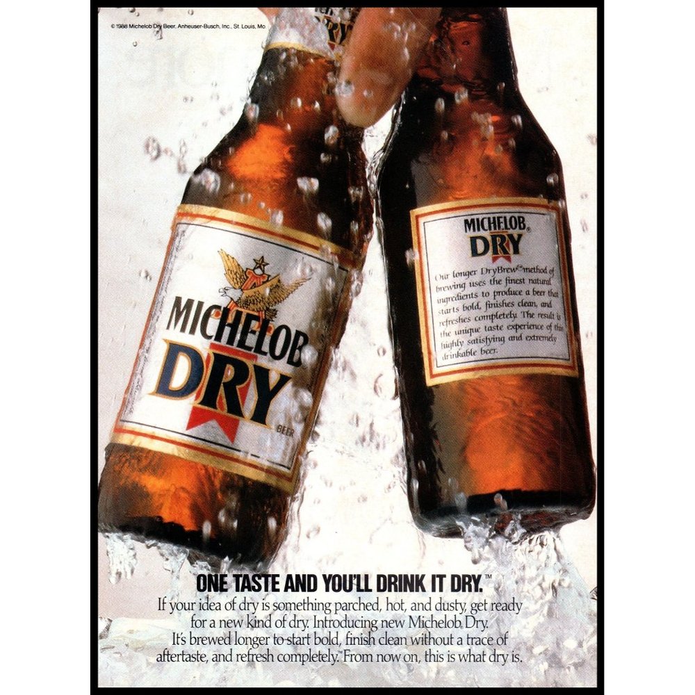 1989 Michelob Dry Beer Bottle Vintage Print Ad Ice Cold Cooler Wall Art Photo